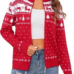 Charming Red Cardigan with Reindeer Design